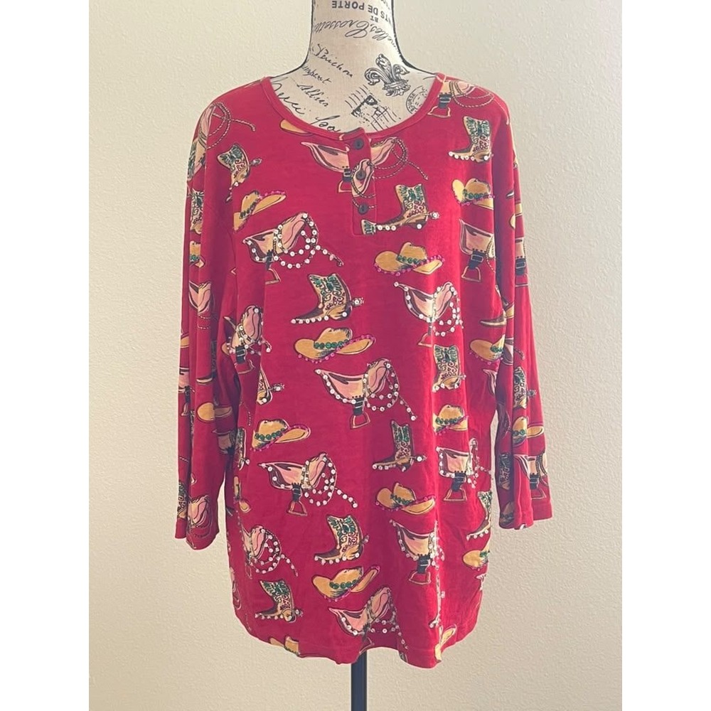Take Two Clothing Co Womens 1X Red Western Graphic Henley Sequin Tunic Top